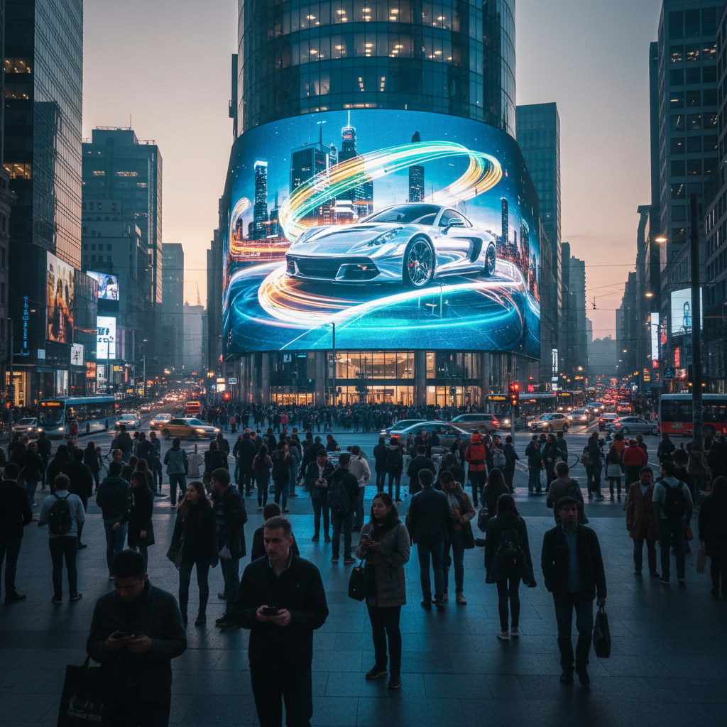 A vibrant LED outdoor display captivating an urban crowd at dusk