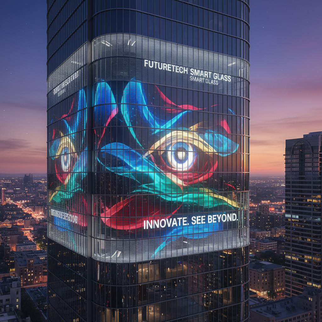 A modern skyscraper facade at dusk with an integrated, vibrant LED grid screen displaying dynamic advertising, showcasing seamless architectural integration.