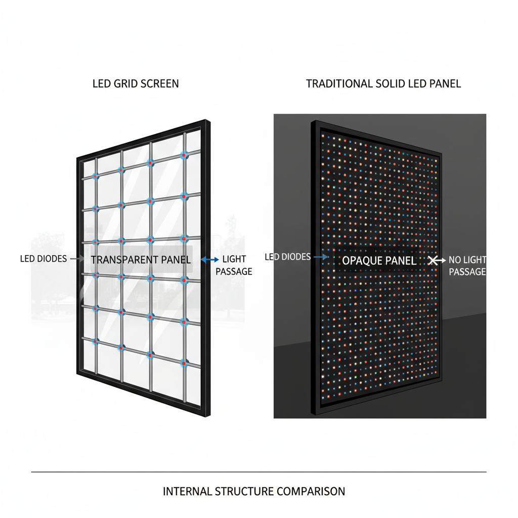 Diagram illustrating the structural difference between a transparent LED grid screen and an opaque traditional LED panel, highlighting the transparency of the grid display.