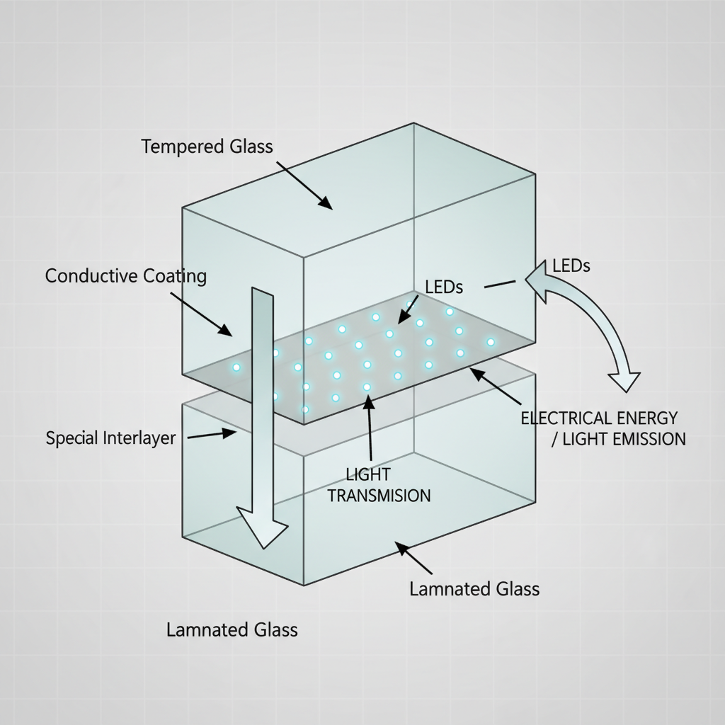 A detailed cross-section illustration of an LED photoelectric glass panel, showing layers of tempered glass, a transparent conductive film with microscopic LEDs, and a special interlayer. Labels clearly indicate 'LEDs,' 'Conductive Coating,' and 'Laminated Glass,' highlighting the panel's dual functionality.