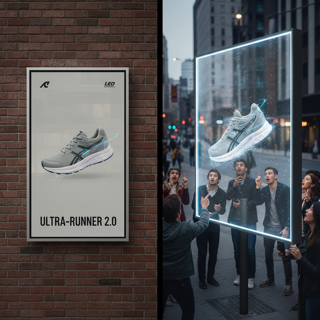 A side-by-side comparison illustrating the key differences between a traditional LED screen and an LED holographic screen, with a floating sneaker on the holographic display.