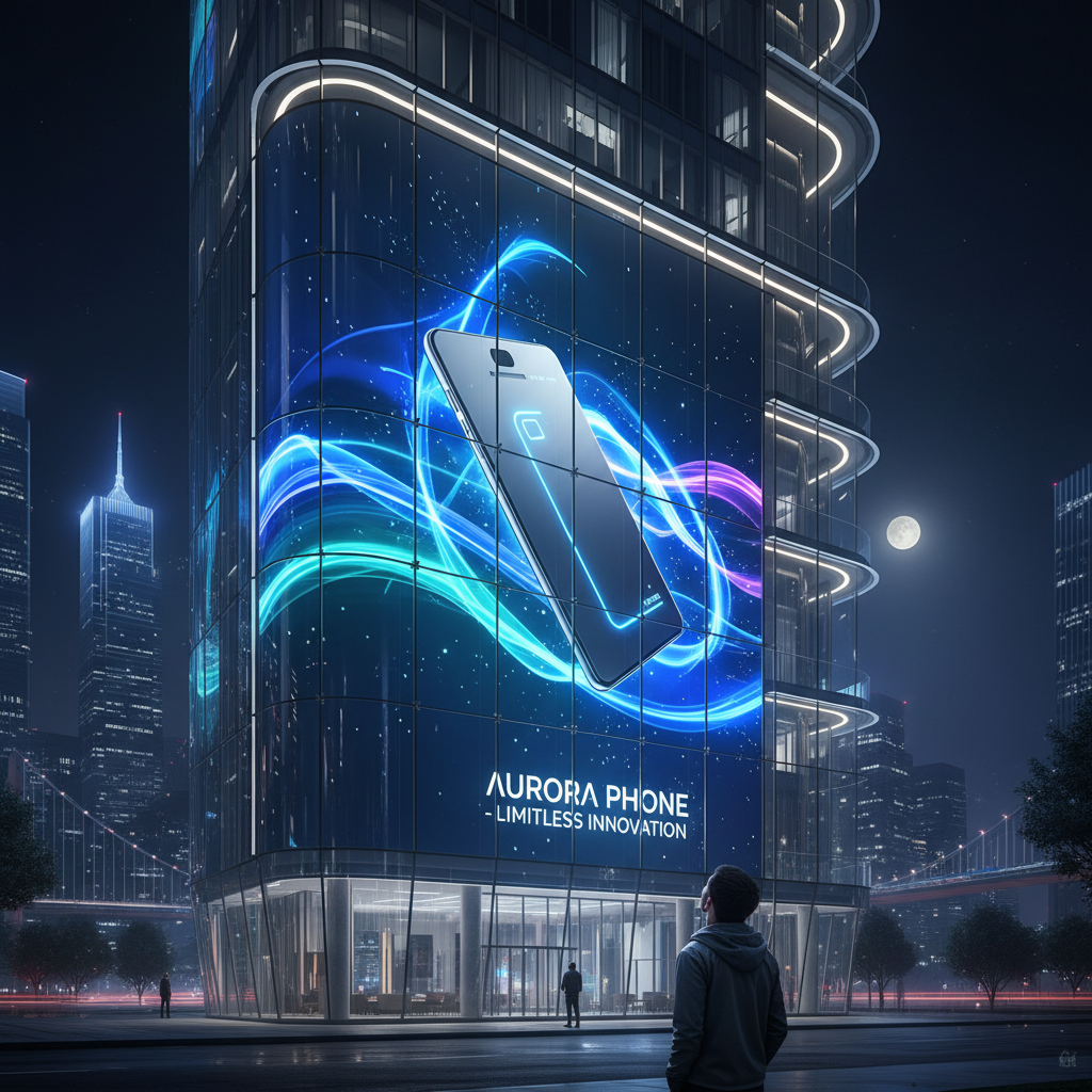 A modern building facade at night made of transparent LED photoelectric glass. A vibrant product video plays on the glass, while city lights are visible through the screen, showcasing its futuristic design and captivating effect on passersby.