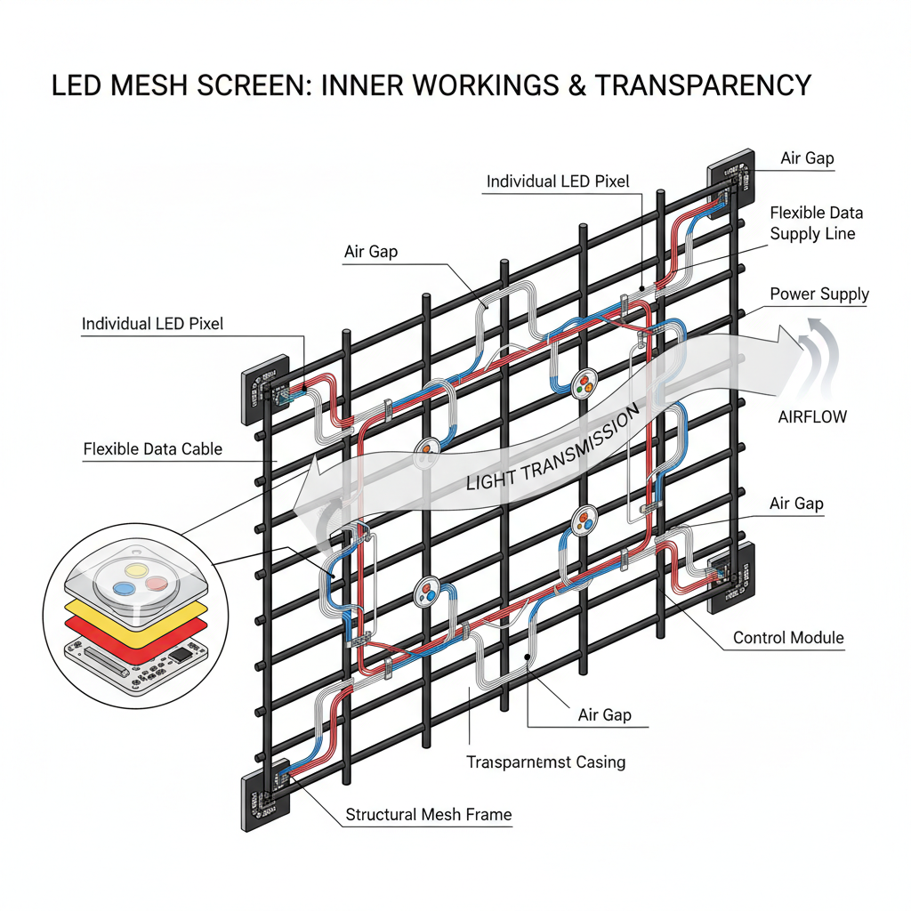 A detailed technical diagram showcasing the inner workings of an LED mesh screen. The illustration highlights individual LED pixels mounted on a grid-like frame, thin cables carrying power and data, and the see-through effect. Arrows indicate light and air passing through the structure. A cross-section view reveals the layers of components.