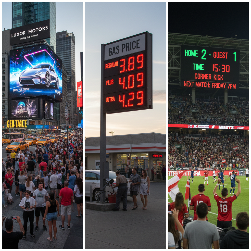 Variety of outdoor LED displays in action, including Times Square, gas station price signs, and event information boards