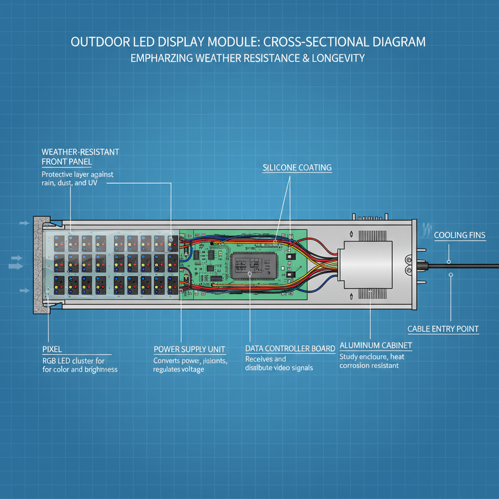 Detailed cross-section diagram of an outdoor LED module, showing LEDs, protective coating, and sealed cabinet