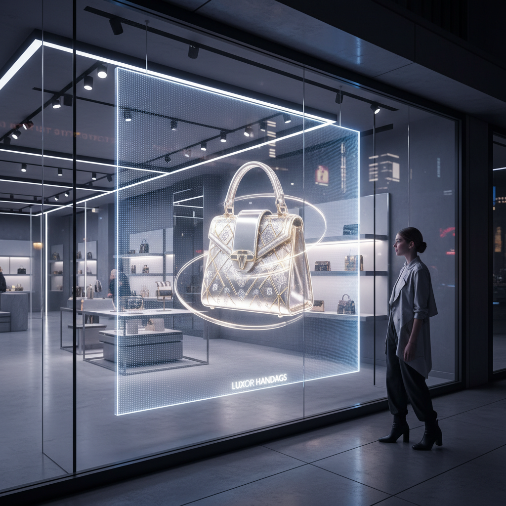A futuristic retail space showcasing an LED holographic screen with a rotating 3D model of a high-end handbag.