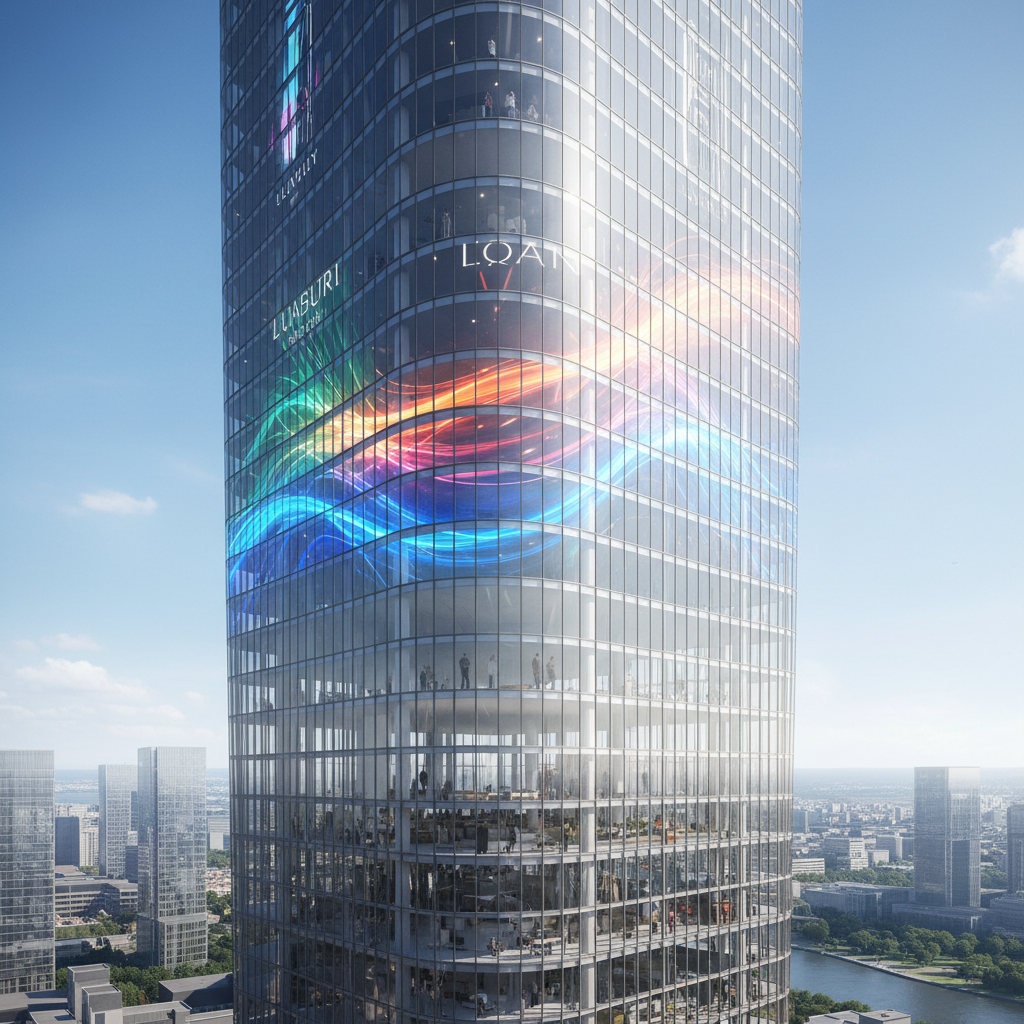 A massive, transparent LED mesh screen wraps around a modern skyscraper. The screen displays vibrant advertisements that shimmer in the sunlight, without obstructing the view from the building's interior. People are visible through the screen, enjoying a sunny day, showcasing the seamless integration of architecture and digital art.