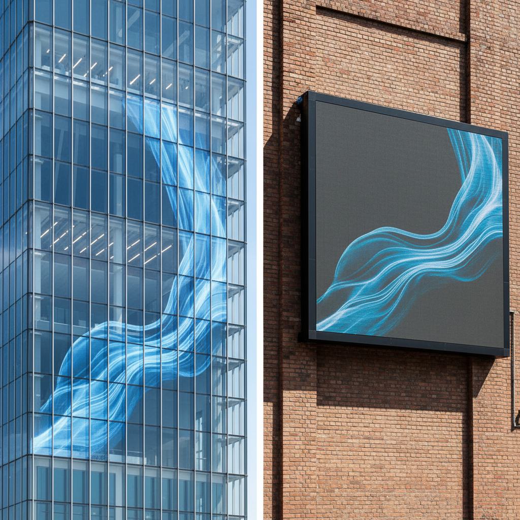 A side-by-side comparison of two display technologies: an LED photoelectric glass screen integrated into a modern building facade (left) showing transparency, and a traditional opaque LED screen on a brick wall (right). The image highlights the aesthetic and integrative superiority of photoelectric glass.