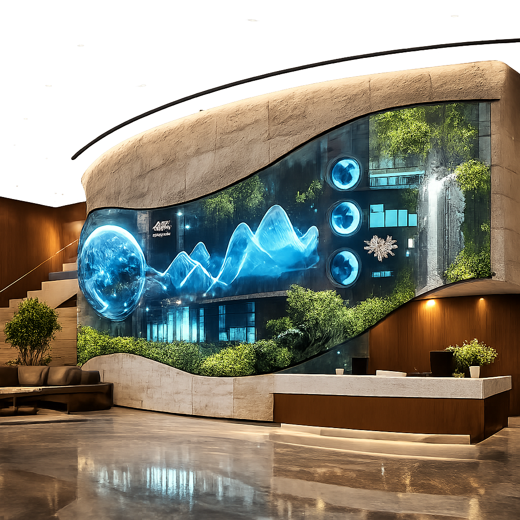 A sleek, modern corporate lobby featuring a large-scale irregular LED transparent screen. The display is custom-shaped to follow the contours of a curved architectural wall. It shows dynamic data visualizations and greenery, seamlessly blending with the minimalist interior design without obstructing the view of the high-end stone and wood finishes behind it.