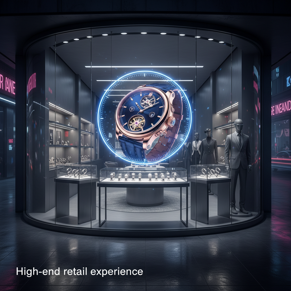 A Zhenmei P Series LED Holographic Screen suspended in a futuristic retail storefront at night, showcasing a floating luxury watch that seamlessly integrates with the visible merchandise inside.
