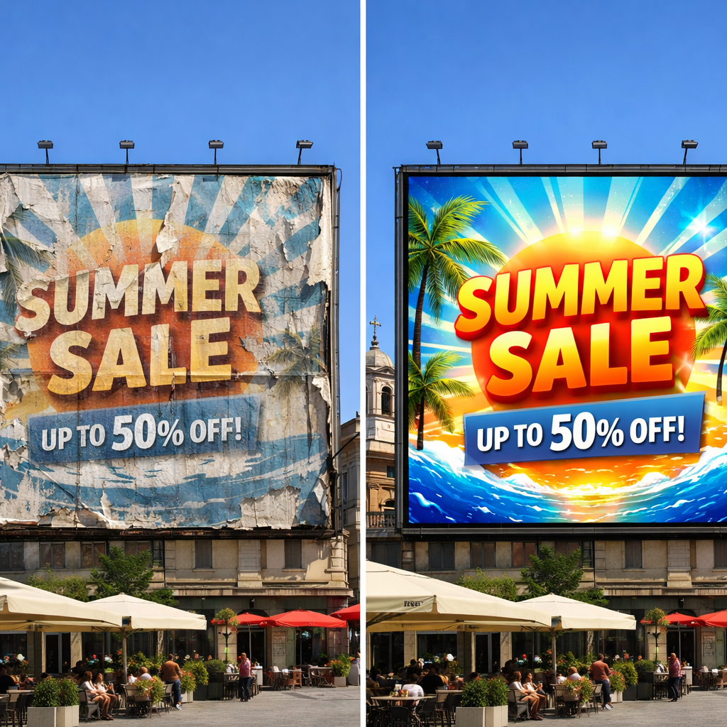 A side-by-side comparison of a faded vinyl billboard and a vibrant 8,000-nit outdoor LED screen under direct sun, showcasing the superior brightness and impact of LED advertising.