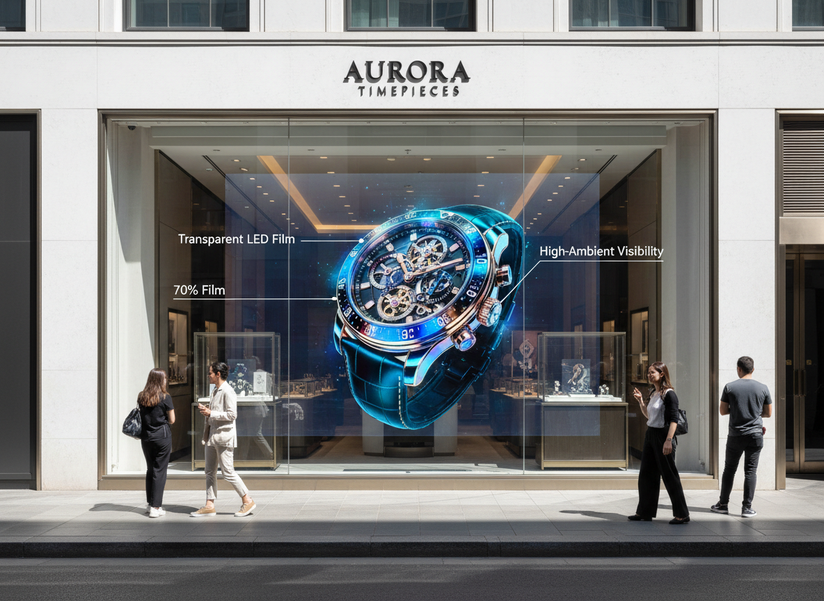 一家高端零售店面的建筑可视化，展示了“透明LED膜”和“高环境可见性”的“水晶膜”LED屏幕，即使在阳光下也能保持70%的透明度，同时显示浮动的3D视觉内容，兼顾了日间高亮度和建筑美观。