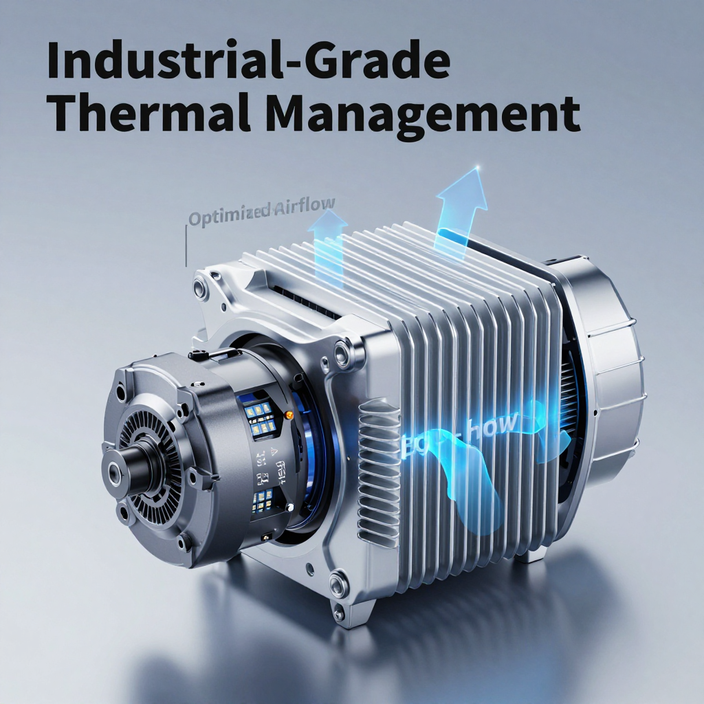 An exploded view illustration highlighting the internal cooling and durability components of an LED holographic display, featuring an industrial-grade brushless motor, finned aluminum heat sink, and optimized airflow for thermal management.