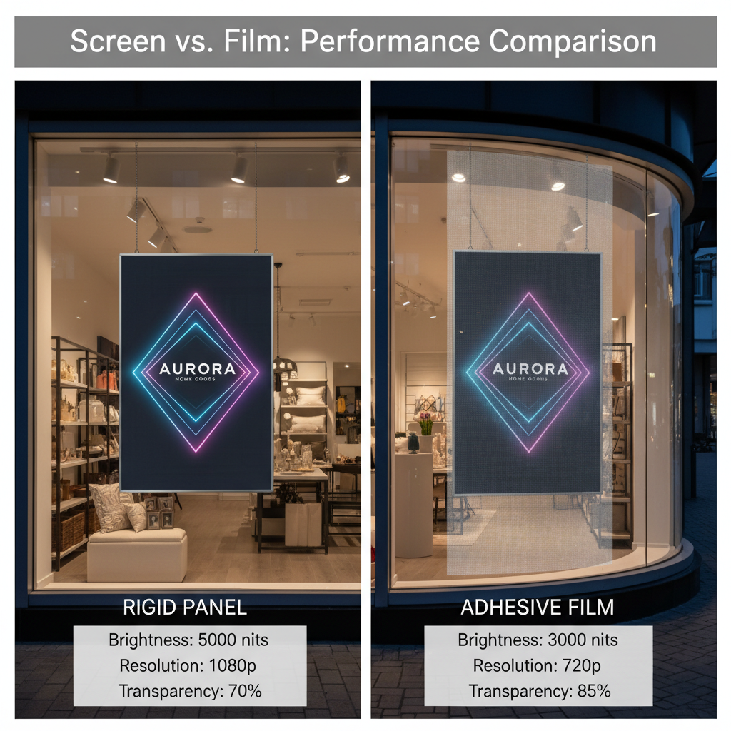A side-by-side comparison of a transparent LED screen (rigid panel) and a transparent LED film (adhesive).