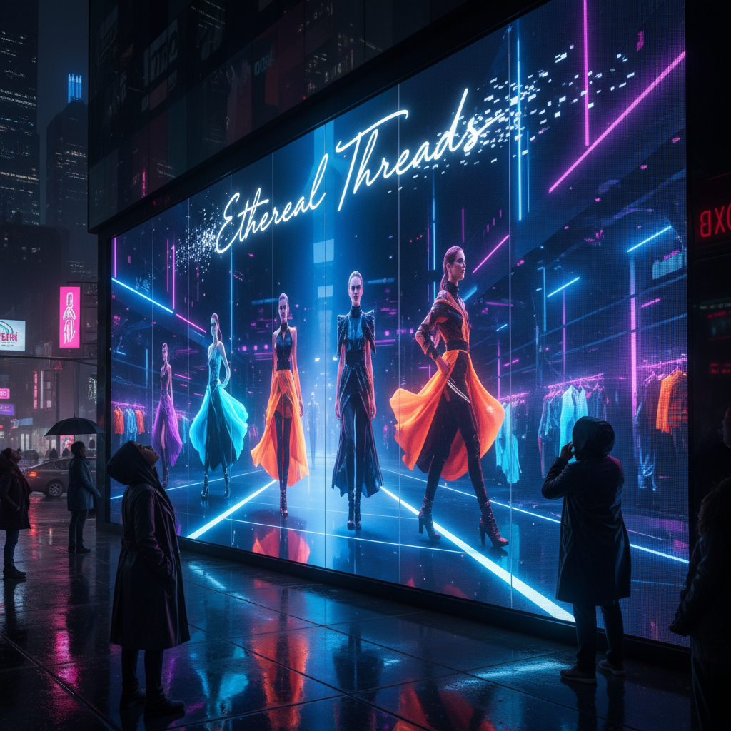 A futuristic storefront at night, showcasing a vibrant fashion show video playing on a transparent LED film covering the entire window. The interior lights are subtly visible, and reflections of the city lights dance on the city lights dance on the glass. Passersby are gazing up, captivated by the dynamic display. The store name 'Ethereal Threads' is subtly integrated into the video content.