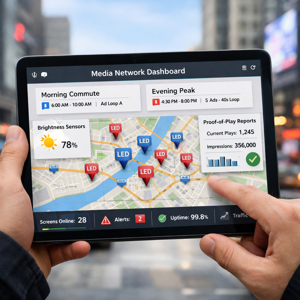 A tablet displaying a professional digital dashboard, or CMS interface, used to manage multiple outdoor LED screens. The interface shows scheduling, real-time brightness levels, and proof-of-play reports, illustrating efficient content and campaign operations.