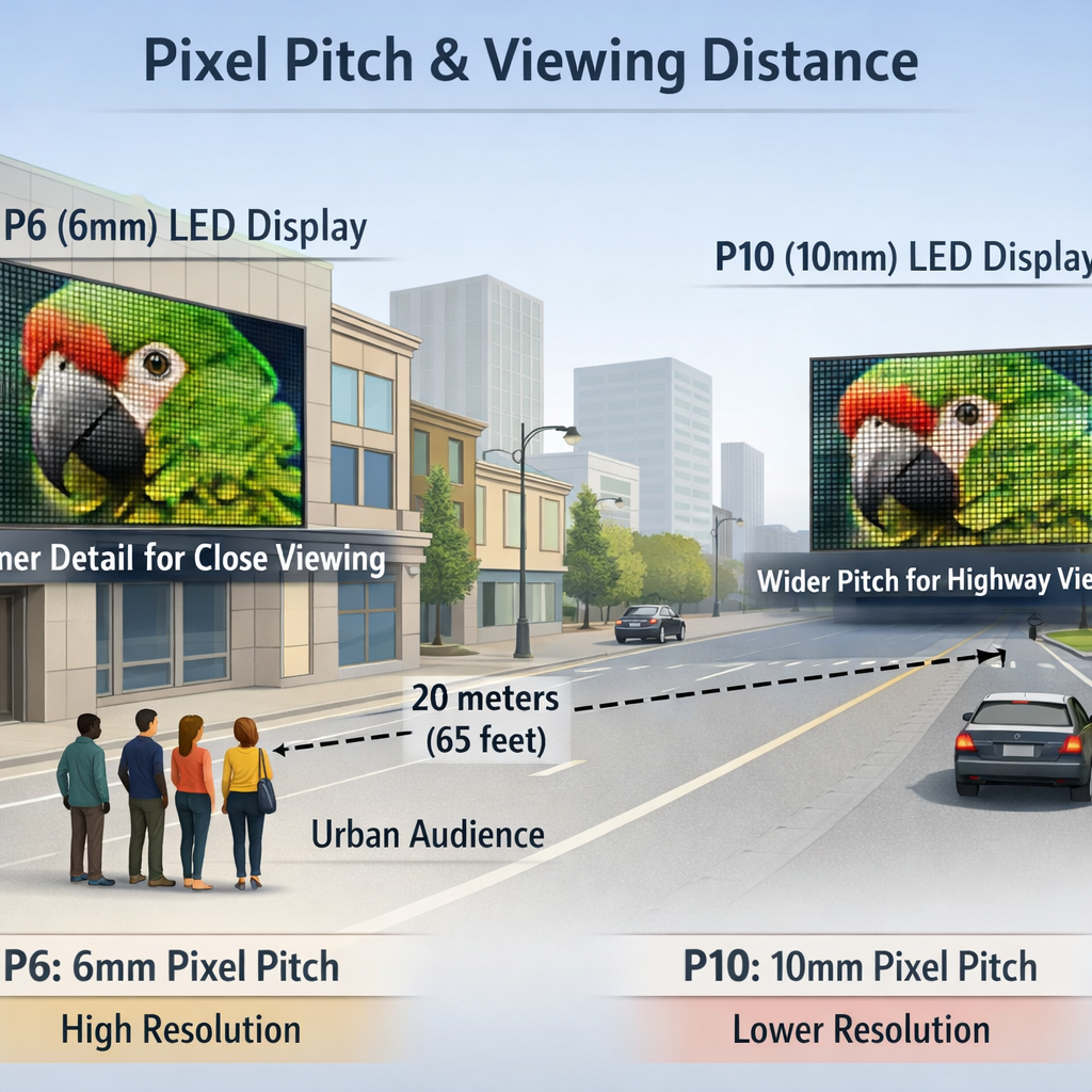 A technical illustration showing optimal pixel pitch for different viewing distances in urban settings. A P6 LED display is ideal for close-up pedestrian viewing (20m), while a P10 screen is suitable for longer distances, demonstrating how to match resolution to audience proximity.