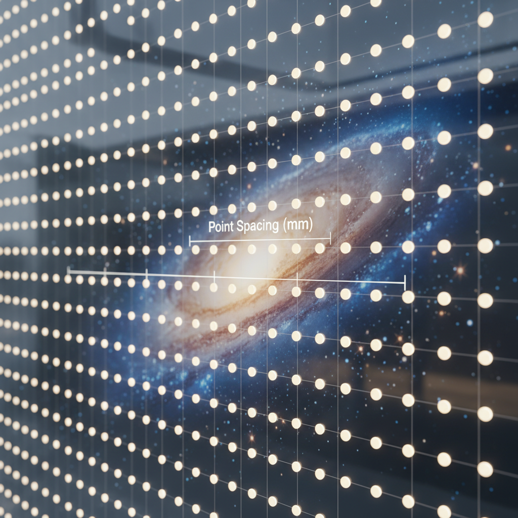 A close-up, horizontal view of a transparent LED screen, showing individual LED pixels with clear labels indicating 'Point Spacing (mm)' as the distance between their centers. The image highlights the density of light sources.