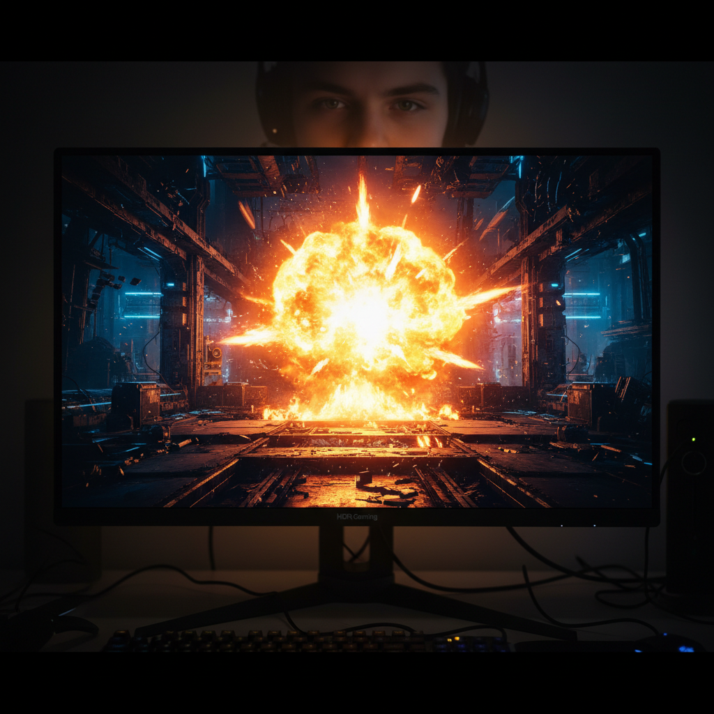 An HDR gaming scene on a Mini LED monitor, showcasing brilliant explosions and rich shadows that highlight the technology's superior brightness and contrast for immersive gaming.