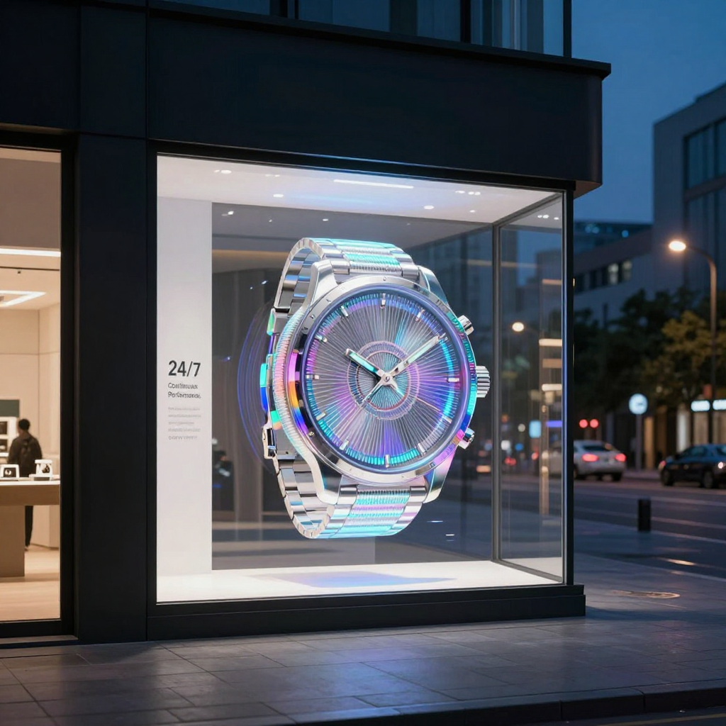 A futuristic retail storefront at midnight with an LED holographic fan displaying a rotating luxury watch, symbolizing 24/7 continuous operation.