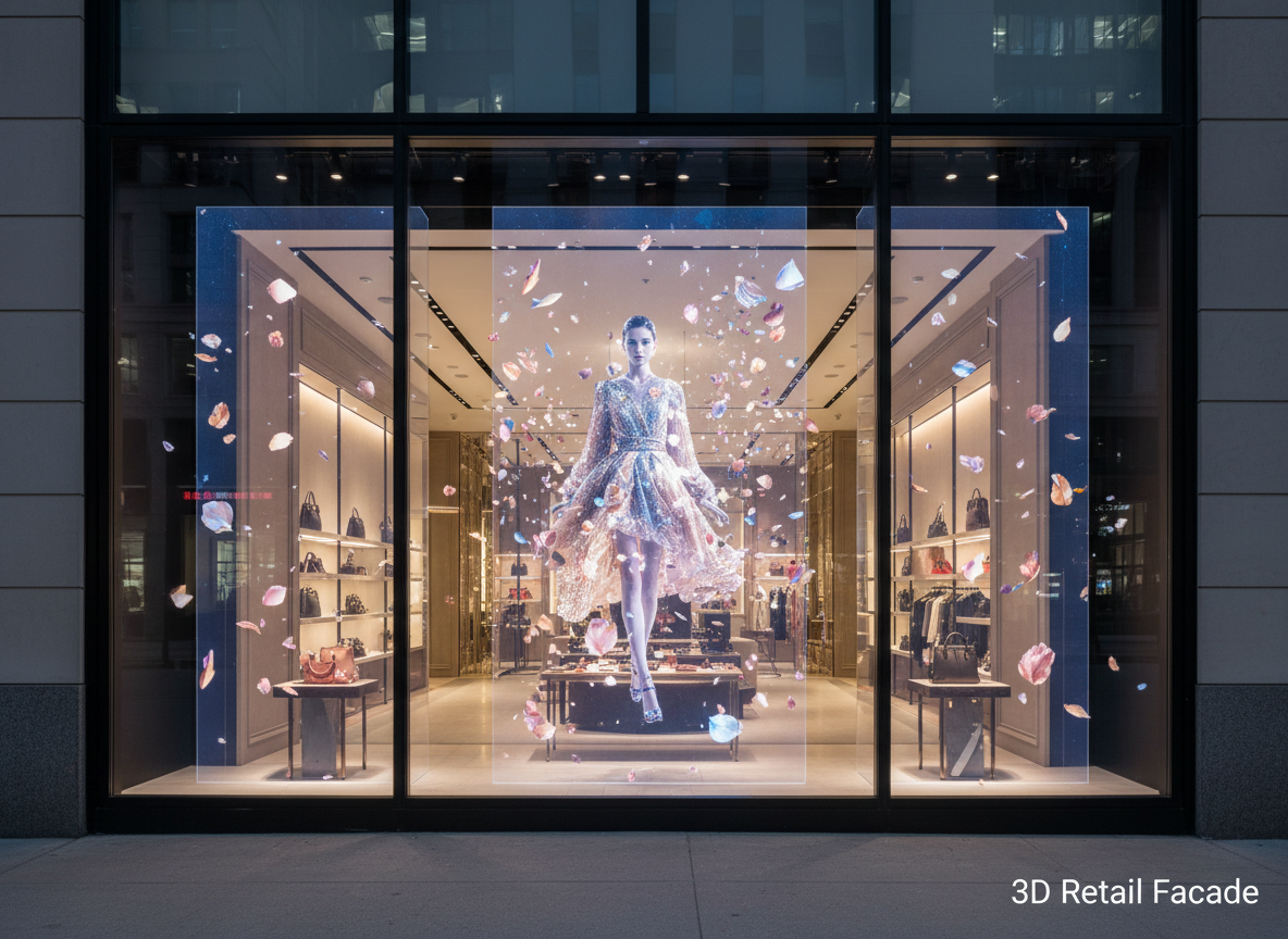 A luxury flagship store's glass facade at twilight, featuring a customized holographic LED screen displaying a vibrant, floating 3D fashion model walking through digital petals, demonstrating 3D retail facade integration while maintaining interior visibility.