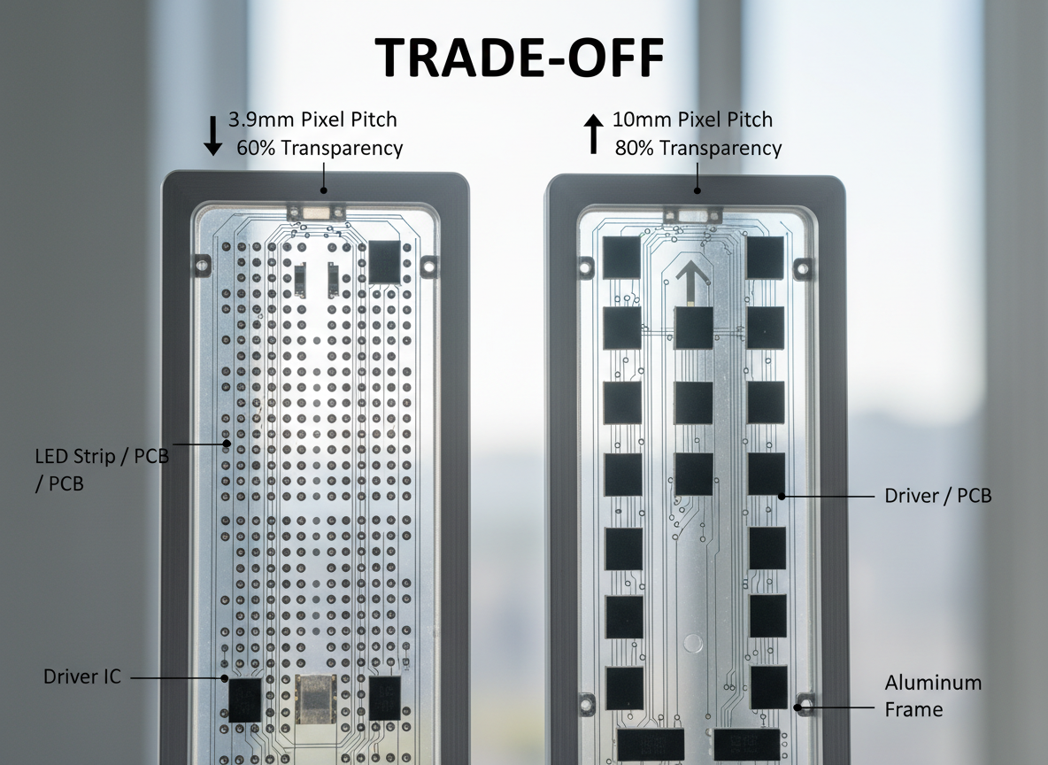 A close-up view of two LED module slats. The left slat has a 3.9mm pixel pitch with 60% transparency. The right slat has a 10mm pixel pitch with 80% transparency. Callouts point to the 'LED Strip/PCB', 'Driver IC', and 'Aluminum Frame', illustrating the trade-off between pixel pitch and transparency.