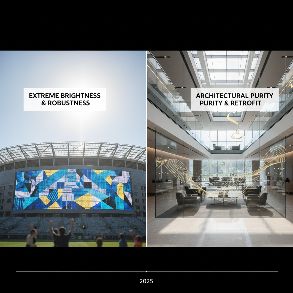 A high-contrast split-landscape showing a sun-drenched outdoor stadium facade with a high-brightness (8000 nits) glass LED wall on the left, and a sophisticated corporate lobby with LED crystal film on glass balustrades and partitions for subtle branding and 90% natural light preservation on the right. Text callouts reinforce: 'Extreme Brightness & Robustness' for the glass wall and 'Architectural Purity & Retrofit' for the film.