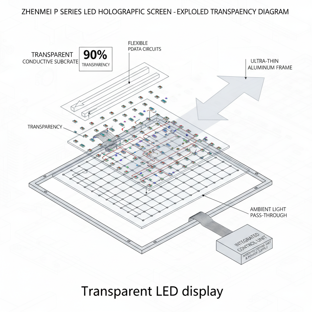 An exploded diagram illustrating the components of a Zhenmei P Series LED Holographic Screen, showcasing transparent design and LED diode arrangement.