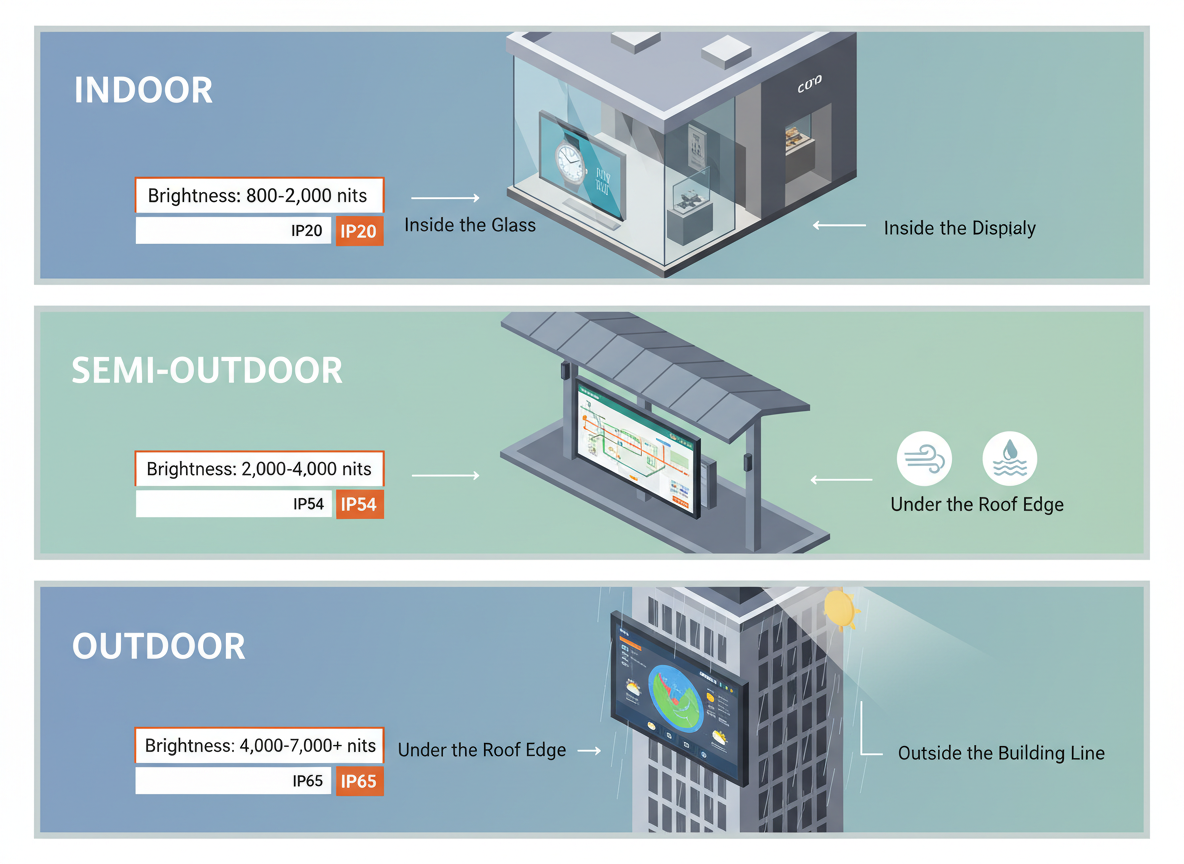An infographic comparing Indoor, Semi-Outdoor, and Outdoor transparent LED screens. Indoor shows a retail window with 800-2,000 nits and IP20. Semi-Outdoor shows a screen under a canopy with 2,000-4,000 nits and IP54. Outdoor shows a building facade with 4,000-7,000+ nits and IP65.