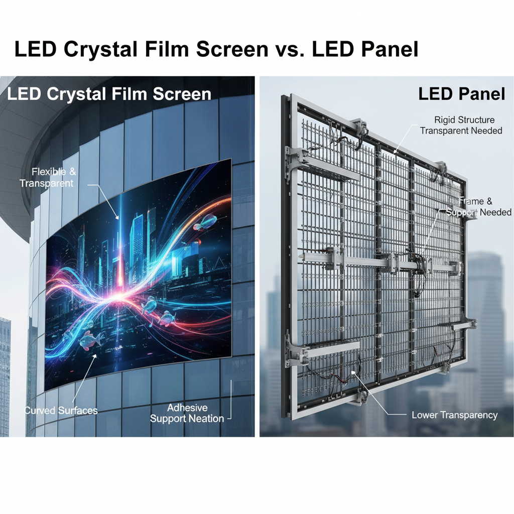 A side-by-side comparison illustrating the flexibility and minimal footprint of an LED Crystal Film Screen adhered to curved glass, versus a rigid, framed transparent LED panel.