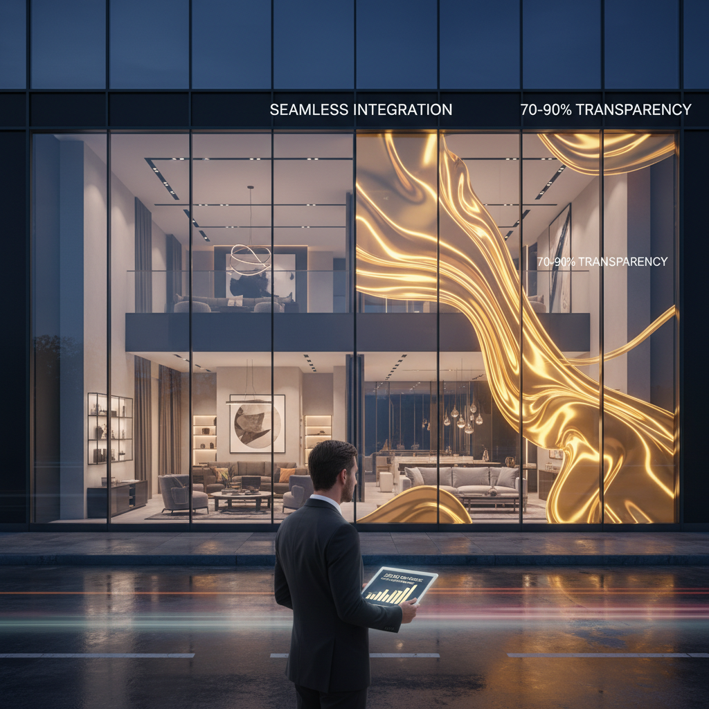 A modern 2025 building facade with a split-screen effect. On the left, a pristine, ultra-transparent glass storefront reveals a luxury interior. On the right, the same glass surface is transformed into a vibrant digital display showing flowing liquid gold 3D graphics, yet maintains 80% transparency so the interior remains visible. In the foreground, an architect holds a digital tablet showing a 2025 ROI guide. Text annotations on the visual include: 'Seamless Integration' and '70-90% Transparency.'