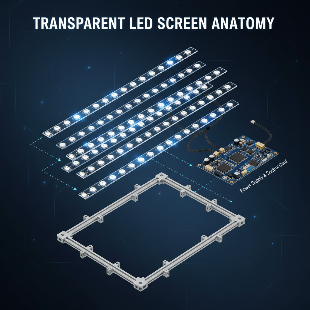 An exploded diagram illustrating the core components of a transparent LED screen.