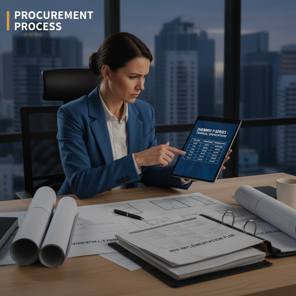 A procurement manager reviewing detailed technical specifications of the Zhenmei P Series LED Holographic Screen on a tablet, focusing on pixel pitch, transparency rates, and brightness for B2B implementation.