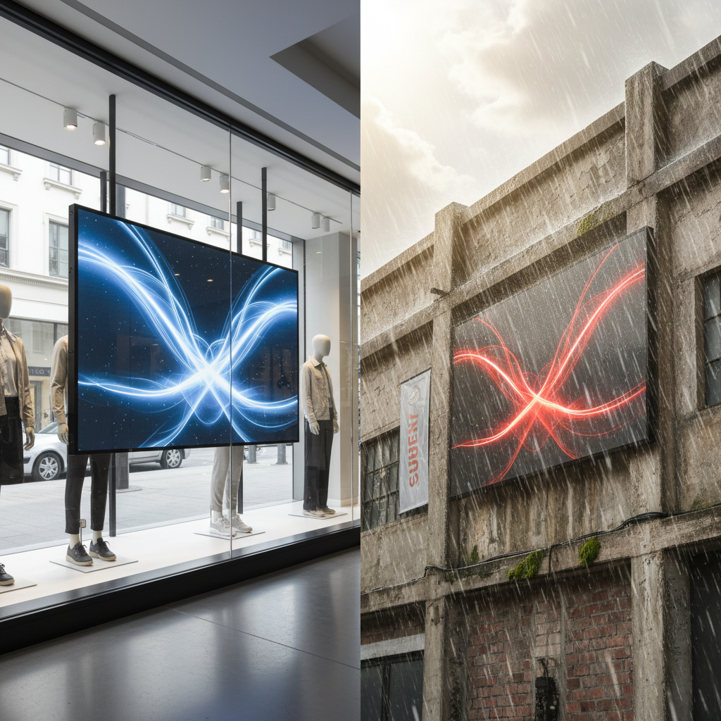 A split image showing a transparent LED screen in a clean indoor retail window versus an identical screen on an outdoor building facade exposed to elements, highlighting lifespan differences.