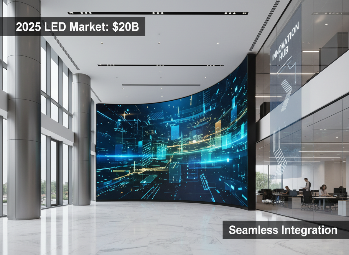 2025 LED市场趋势：企业总部大堂中的无缝1.5毫米DVLED视频墙和透明LED膜，展示了LED显示技术的规模和亮度，预测市场将达到200亿美元并实现无缝集成。