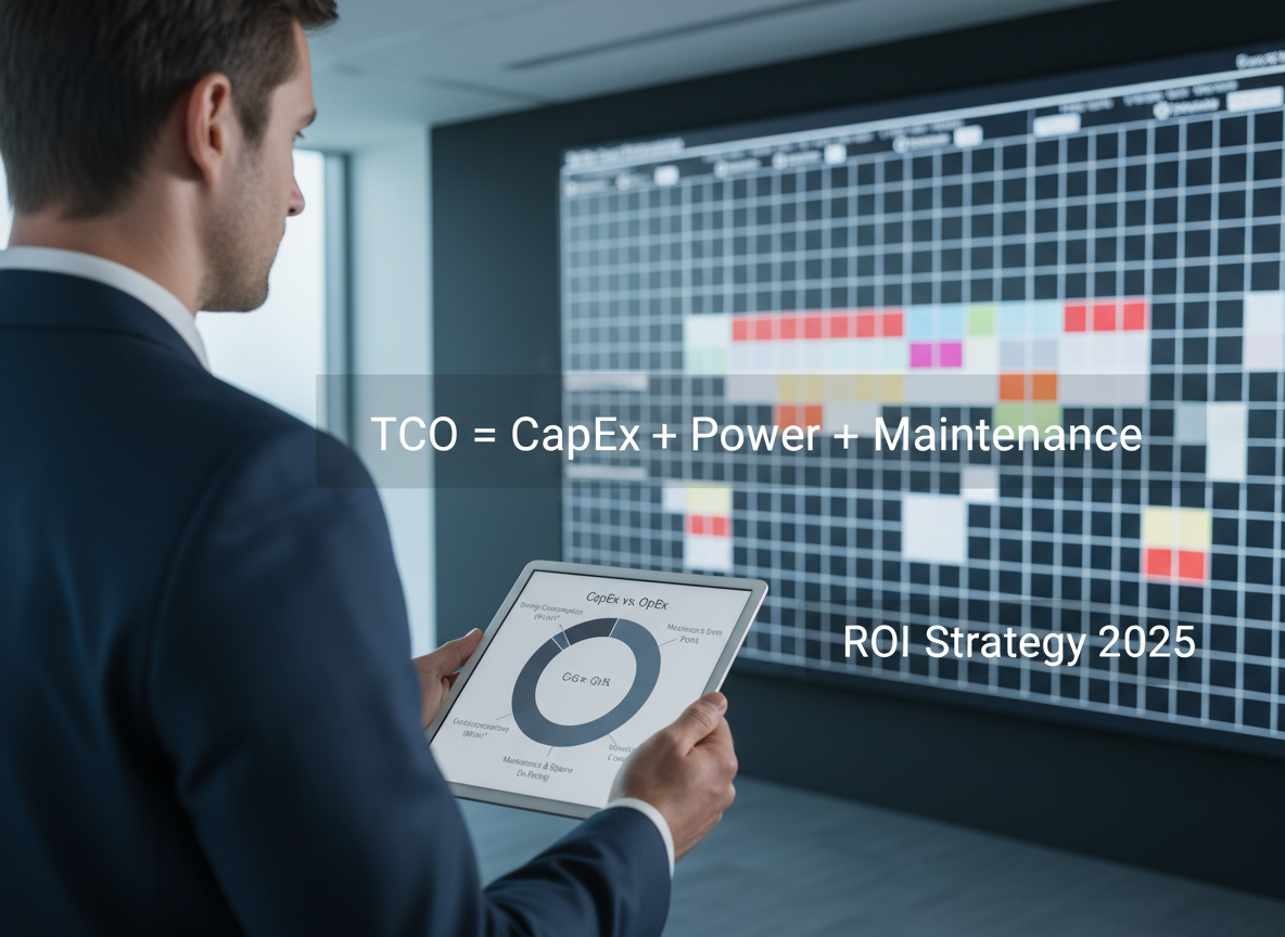 一位B2B买家正在分析平板电脑上的“CapEx vs. OpEx”图表，背景中的LED墙显示校准图案，强调了LED显示项目中的“TCO = CapEx + 功耗 + 维护”和“ROI 策略 2025”的重要性。