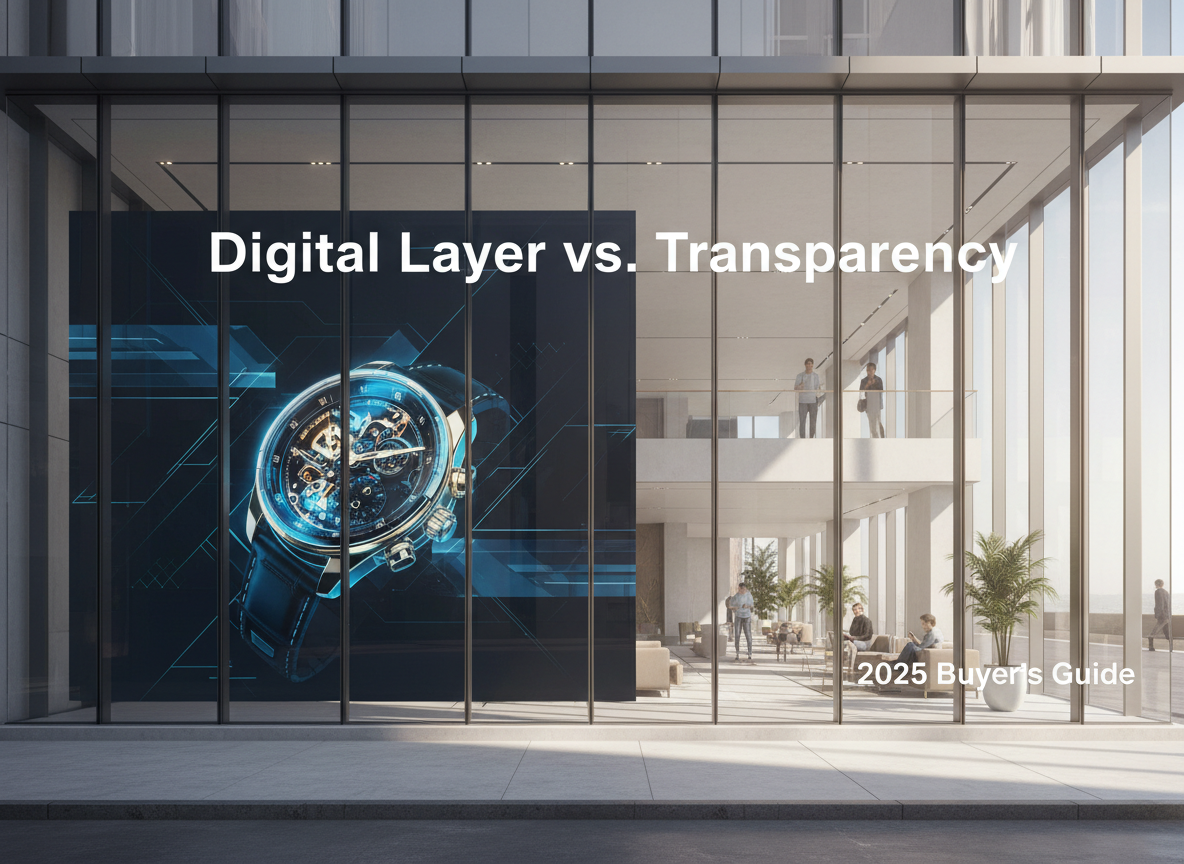 A modern building with a transparent LED screen integrated into its glass facade, displaying a luxury watch on one side while remaining transparent on the other, showing the interior. Text annotations: 'Digital Layer vs. Transparency' and '2025 Buyer’s Guide'.