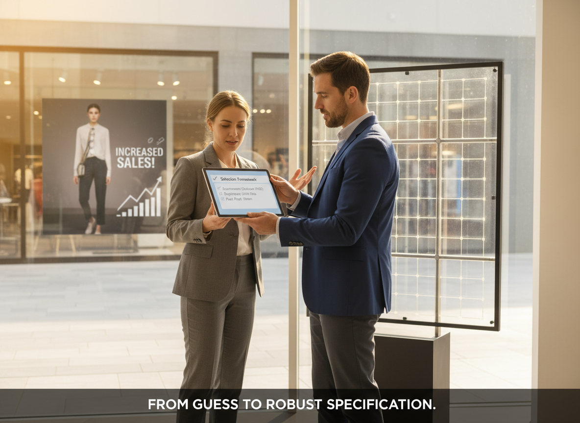 A project manager and an architect reviewing a transparent LED panel mock-up and a digital tablet with a 'Selection Framework' checklist, including '1. Environment (Outdoor IP65)', '2. Brightness (5000 Nits)', and '3. Pixel Pitch (10mm)'. A fashion campaign on a shop window is visible in the background, reinforcing B2B decision-making.