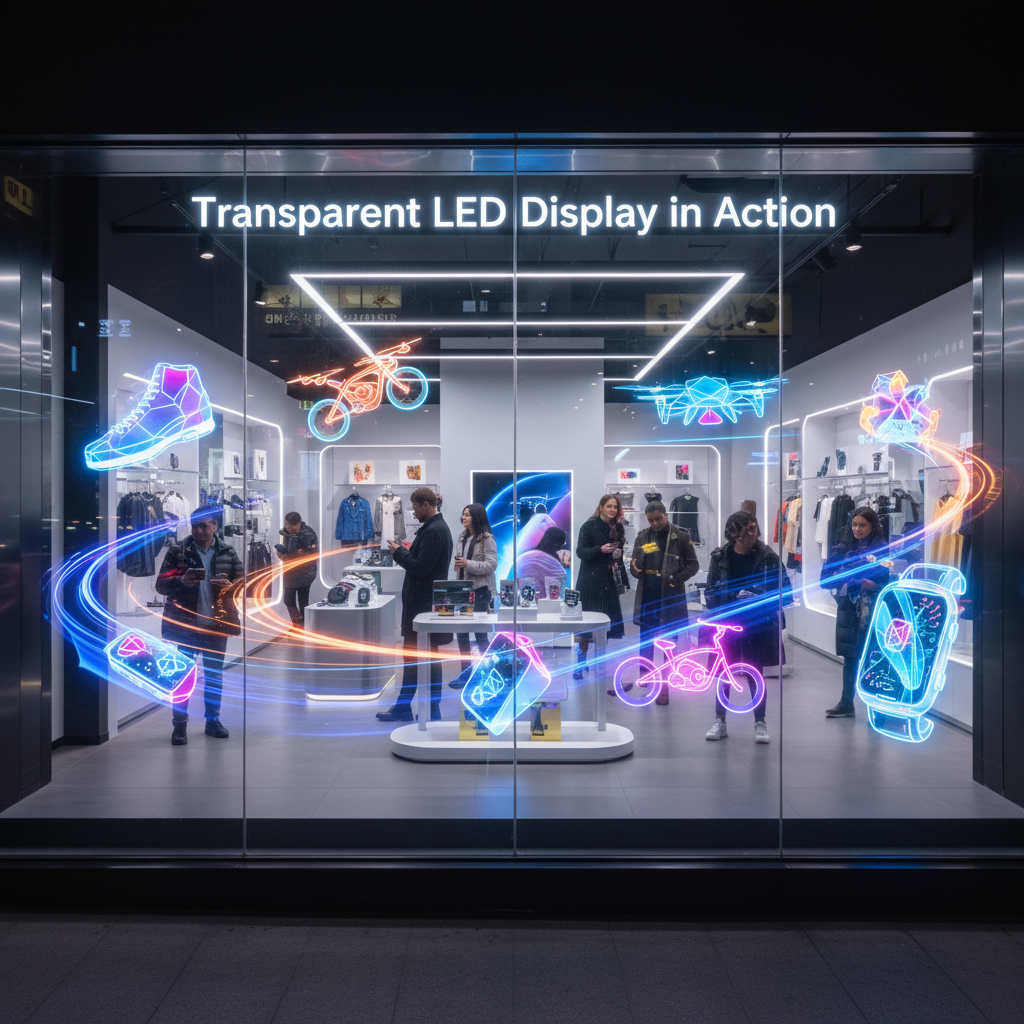 A futuristic storefront window at night showcasing a transparent LED screen displaying vibrant product advertisements.