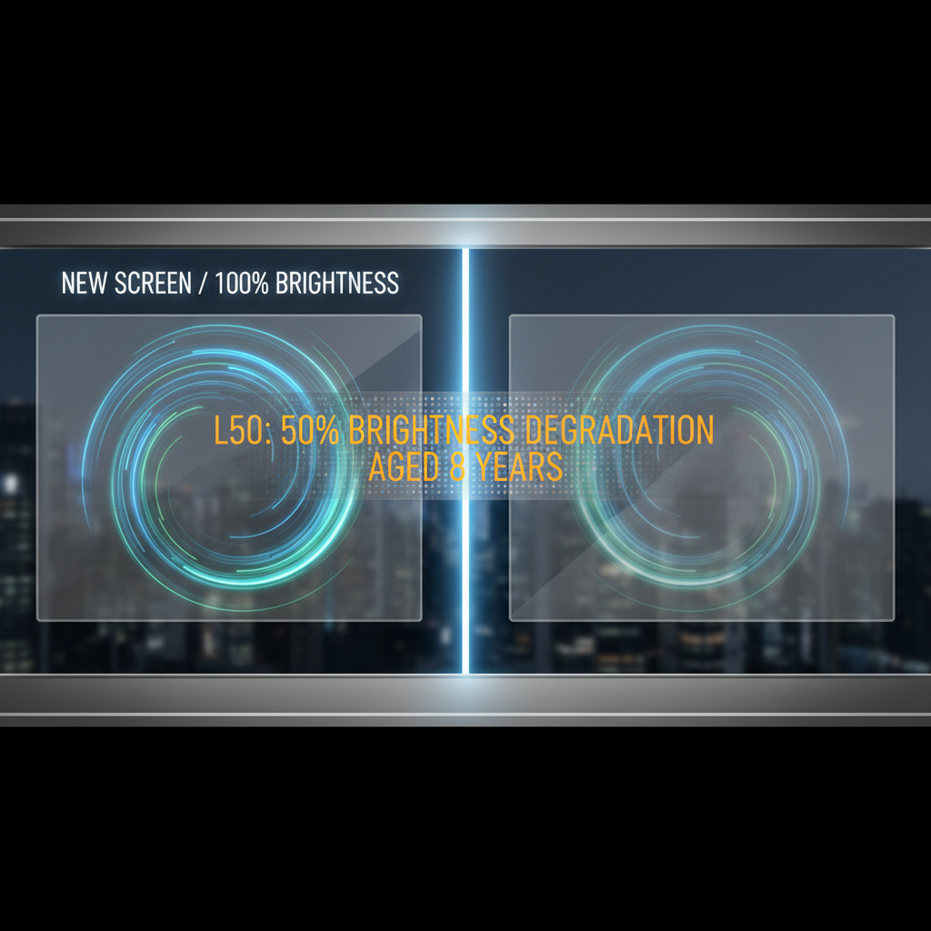 An infographic showing a new, vibrant transparent LED screen next to an aged, dimmer one, illustrating 'L50: 50% Brightness Degradation' over 8 years.