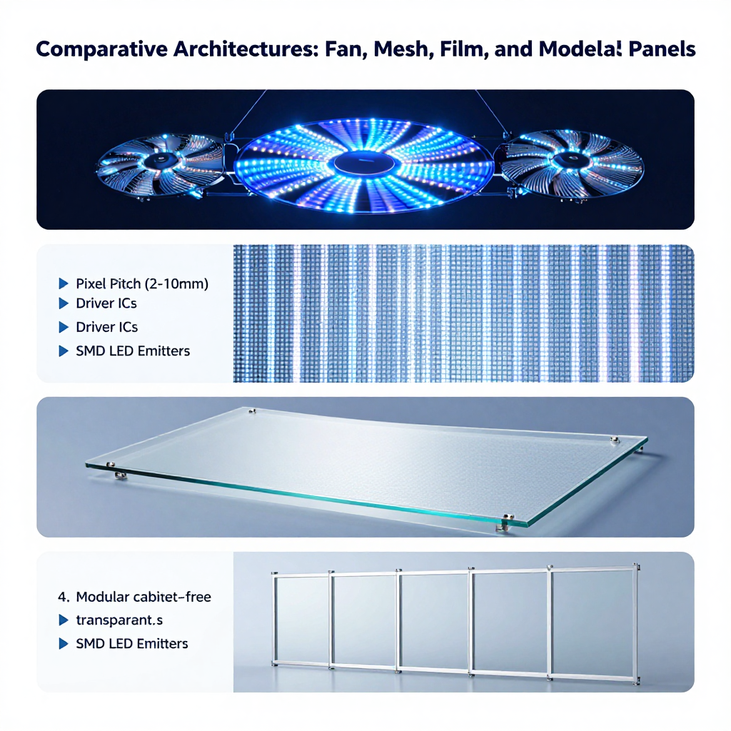 LED全息显示技术的四种主要类型对比图，包括全息风扇显示器、透明LED网格、LED薄膜和无箱体透明面板。