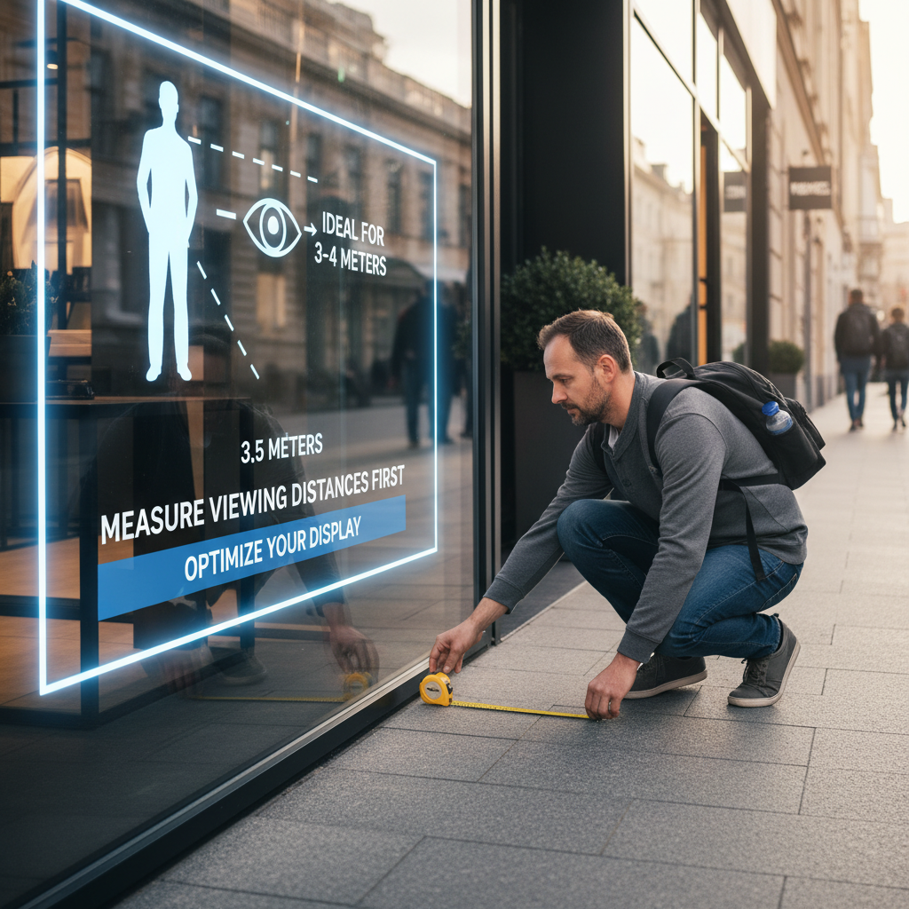 A shopper outside a retail store uses a measuring tape to gauge the distance from the sidewalk to a transparent LED display. The screen clearly shows an appropriate image for that measured distance, emphasizing the importance of measuring viewing distances first.