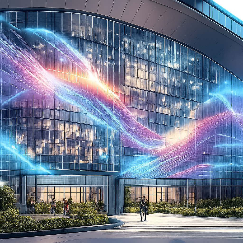 A wide-angle shot of a futuristic curved glass building facade during the day. An integrated LED transparent display covers the glass, showing vibrant, fluid digital art. The screen is see-through, allowing natural sunlight to enter the building and making the interior offices visible behind the glowing, floating digital content.
