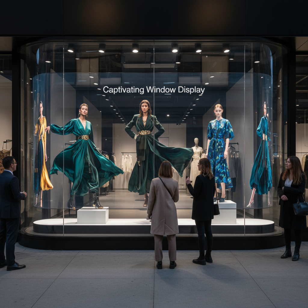 A storefront window with a transparent LED crystal film screen displaying dynamic fashion content, attracting passersby and enhancing brand visibility.