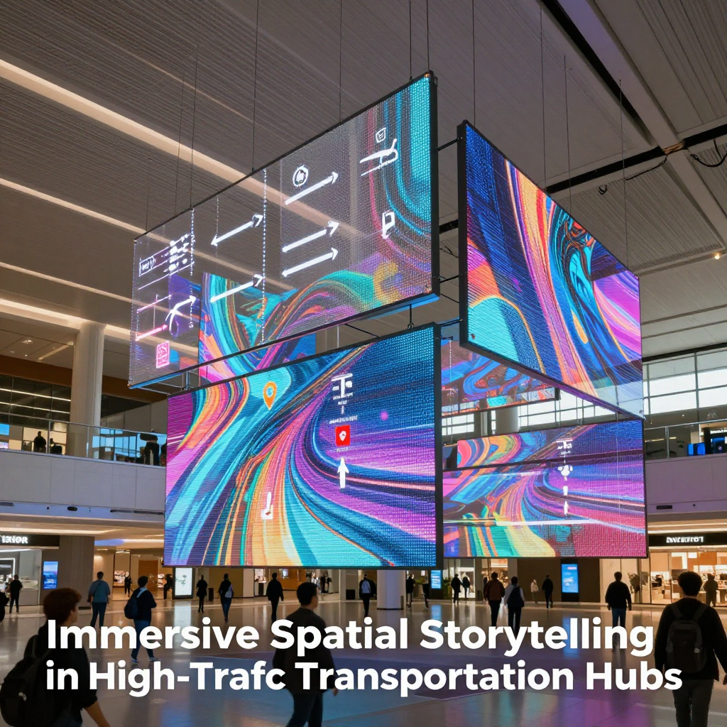 现代机场中庭或购物中心的大型室内透明LED网格多层装置，内容包含动态寻路和数字艺术。