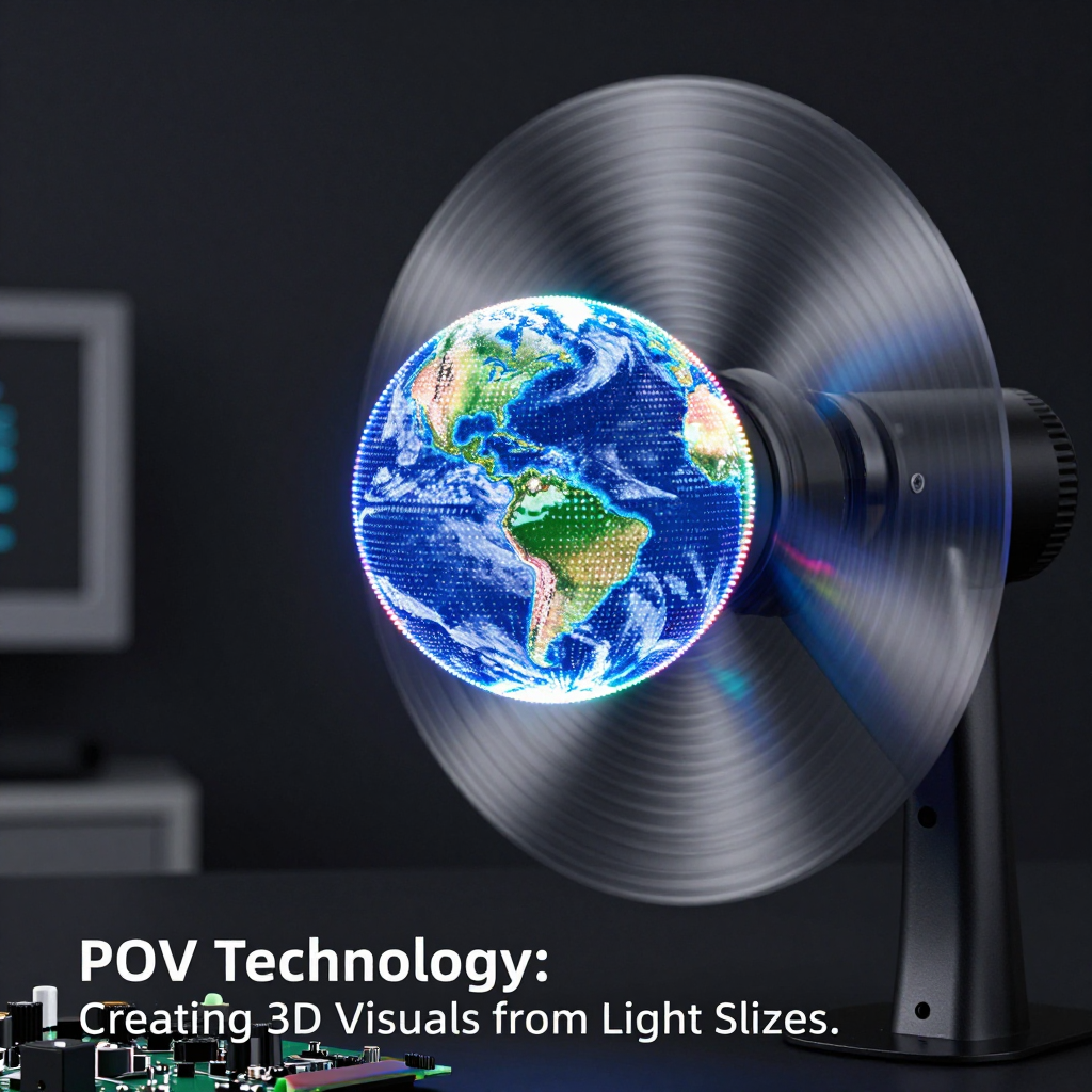 A technical illustration demonstrating the 'Persistence of Vision' principle with a spinning LED fan creating a 3D Earth globe, highlighting how light slices merge into a complete image.