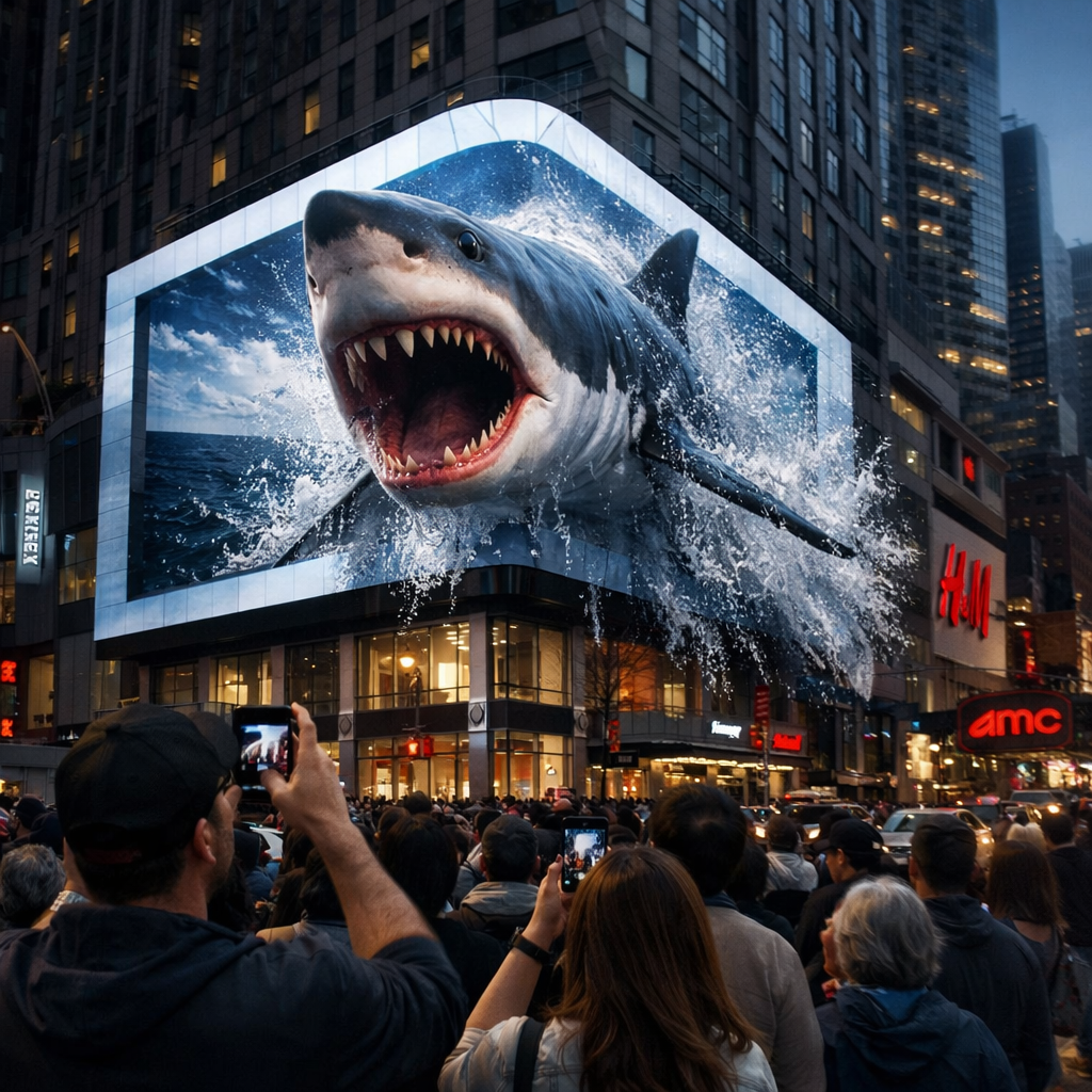 A captivating 3D anamorphic LED display on a building corner in a busy city, showing a realistic object appearing to emerge from the screen, engaging pedestrians and demonstrating a successful landmark advertising campaign.