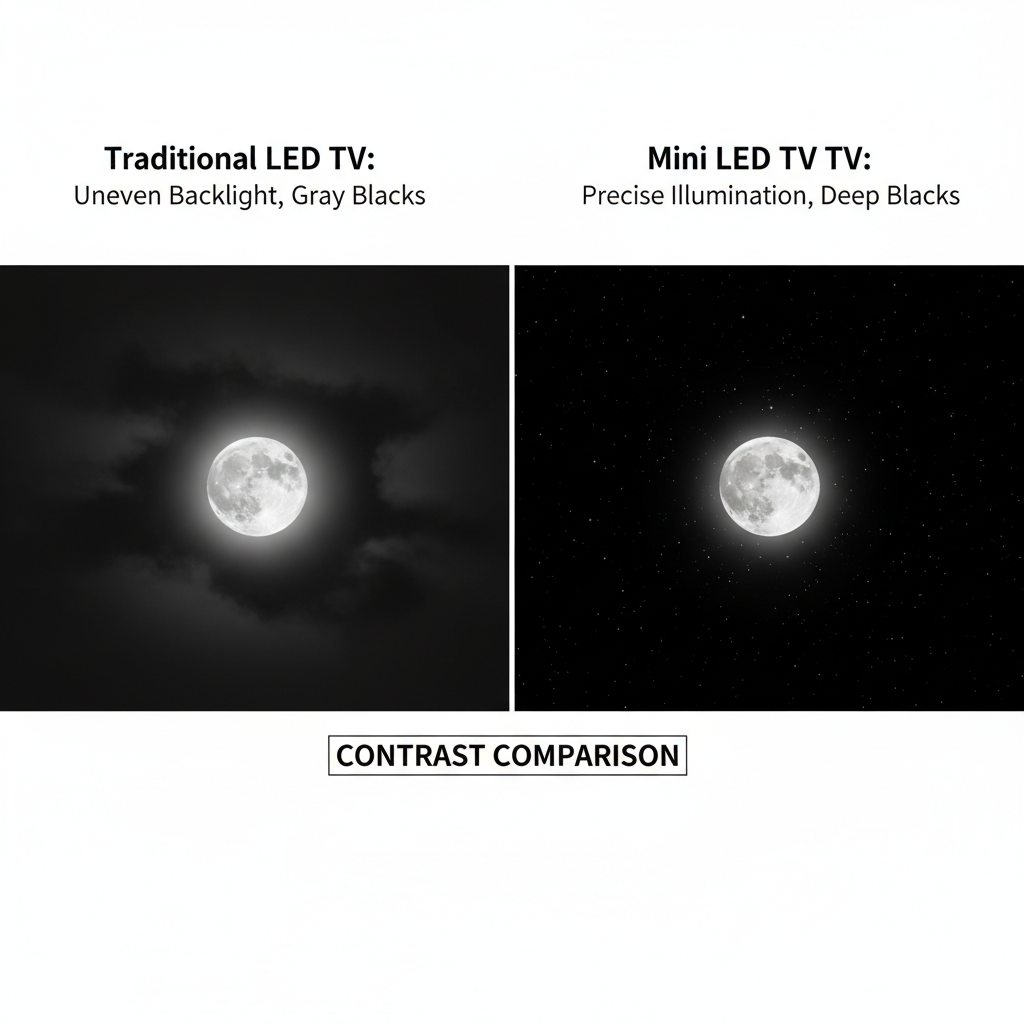 A side-by-side comparison of a traditional LED TV and a Mini LED TV, illustrating how Mini LED achieves superior contrast and deeper blacks through precise local dimming.