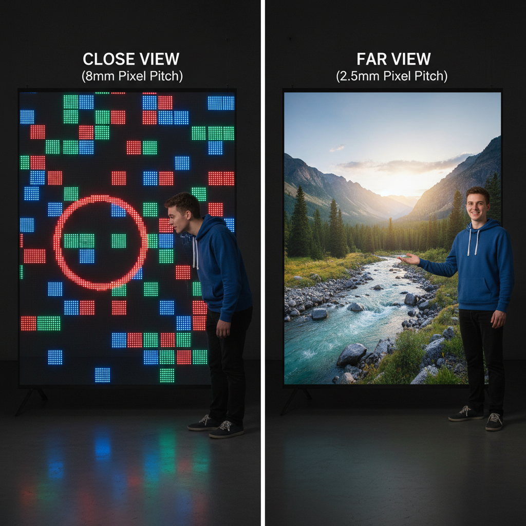 A split image illustrating the effect of viewing distance on pixelation. On the left, a person close to a large-pitch transparent screen sees blocky pixels. On the right, the same person views a small-pitch screen from afar, seeing a sharp, seamless image.