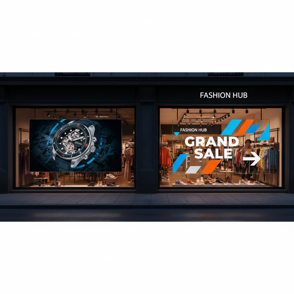 A horizontal comparison of two shop windows with transparent LED screens. The left window, with small point spacing, shows detailed products but has a darker interior. The right, with large point spacing, displays bold graphics and a much brighter, clearer view into the store.